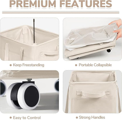 CHICVITA Collapsible Laundry Basket on Wheels 75L, Slim Laundry Hamper with Removable Wash Bag for Bedroom, Clothes Hampers for Laundry, Ivory