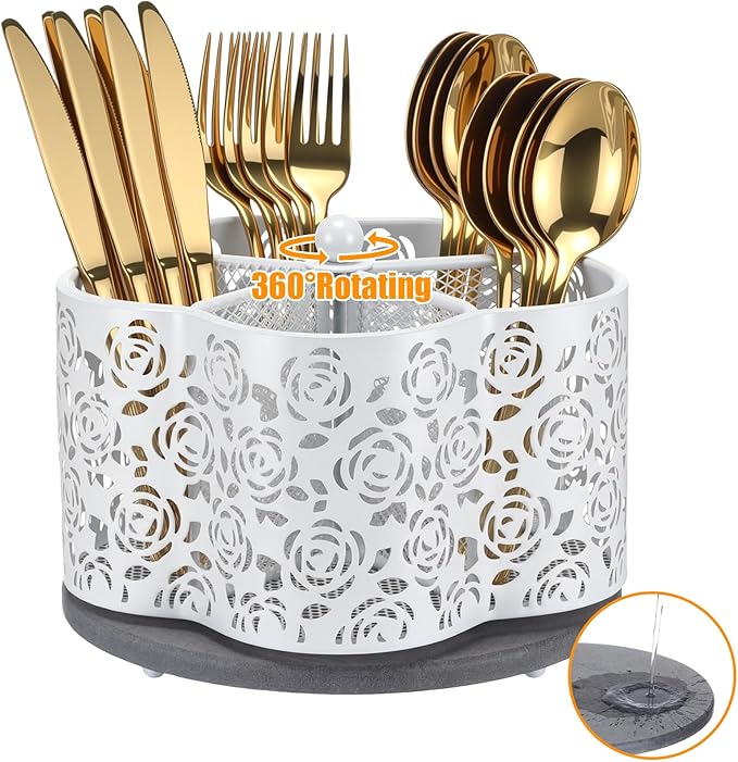 360 Degree Rotating Utensil Caddy Silverware Cutlery Caddy Holder with 5 Compartment Kitchen Countertop Organizer for Spoon Fork Flatware Storage for Home or Outdoor Picnic Camping (White)