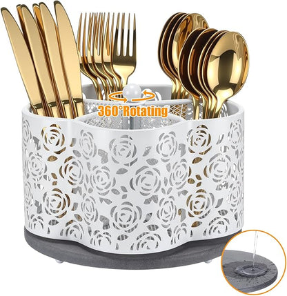 360 Degree Rotating Utensil Caddy Silverware Cutlery Caddy Holder with 5 Compartment Kitchen Countertop Organizer for Spoon Fork Flatware Storage for Home or Outdoor Picnic Camping (White)