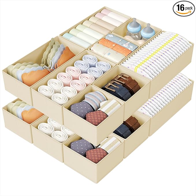 DIMJ Drawer Organizers Clothes, Set of 16 Dresser Organizer Bins, Fabric Closet Organizers and Storage, Shallow Drawer Dividers for Nursery, Clothing, Baby Clothes, Socks, Underwears, Tie (Beige)