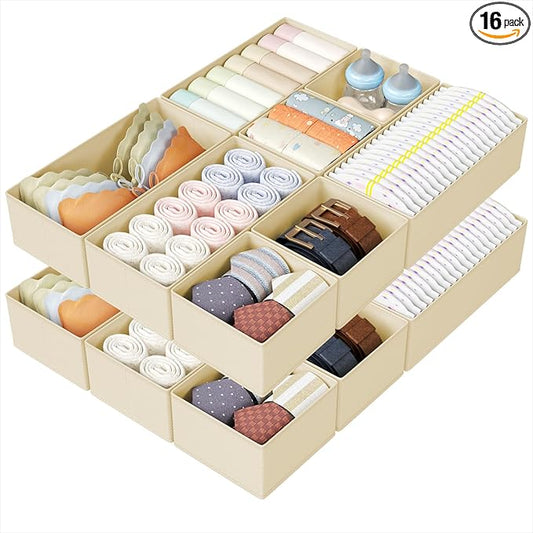 DIMJ Drawer Organizers Clothes, Set of 16 Dresser Organizer Bins, Fabric Closet Organizers and Storage, Shallow Drawer Dividers for Nursery, Clothing, Baby Clothes, Socks, Underwears, Tie (Beige)