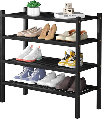 ROMGUAR CRAFT 4 Tier (Thick) Bamboo Shoe Rack for Closet Free Standing Wood Shoe Shelf for Entryway Small Space Stackable 27"x12"x28" (Blackl)