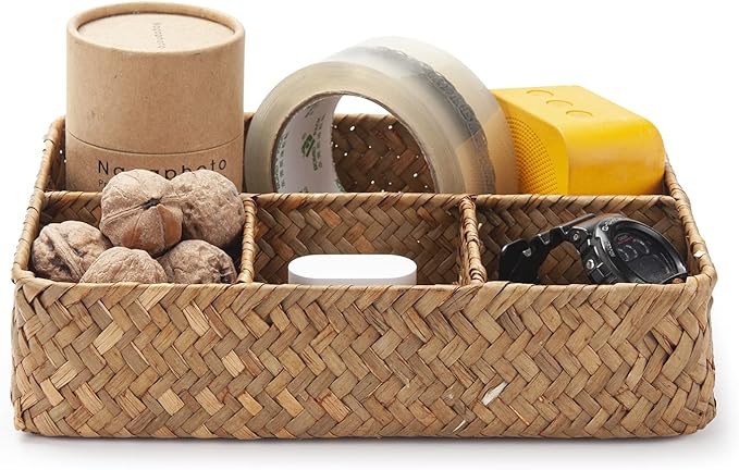 YANGQIHOME Tea Bag/Sugar Packet Holder, Coffee Station Condiment Organizer, Seagrass Storage Basket, Wicker Rattan Divided Basket Organizer for Drawer/Shelf/Countertop