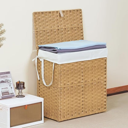 DUMOS Wicker Laundry Basket with Lid, 110L Woven Laundry Hamper with Handles, Foldable Rattan Clothes Hamper with Removable Liner & Sturdy Steel Frame, Goose Yellow