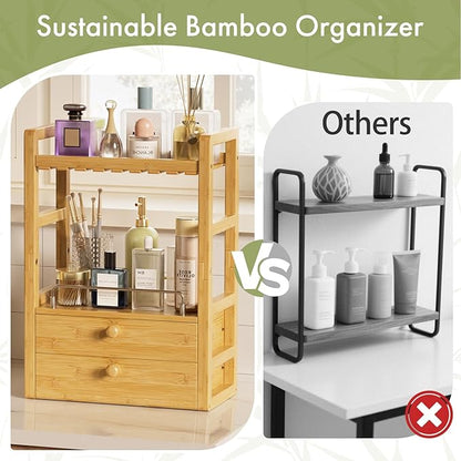 AmazerBath Bamboo Bathroom Countertop Organizer, 2-Tier Makeup Organizer with 2 Drawers, Vanity Organizer Storage Coffee Matcha Station, Compact Shelf for Bathroom Kitchen Office