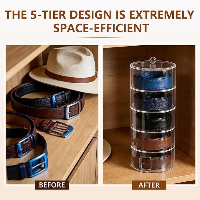 5 Layers Acrylic Belt Organizer, Stackable Storage Box Clear Display Case for Belts, Jewelry, Watches, Hair Accessories, Vanity and Closet, 2.6 Inch Height by 5.5 Inch Diameter