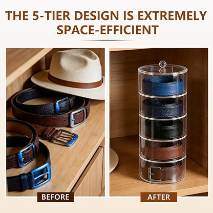 5 Layers Acrylic Belt Organizer, Stackable Storage Box Clear Display Case for Belts, Jewelry, Watches, Hair Accessories, Vanity and Closet, 2.6 Inch Height by 5.5 Inch Diameter