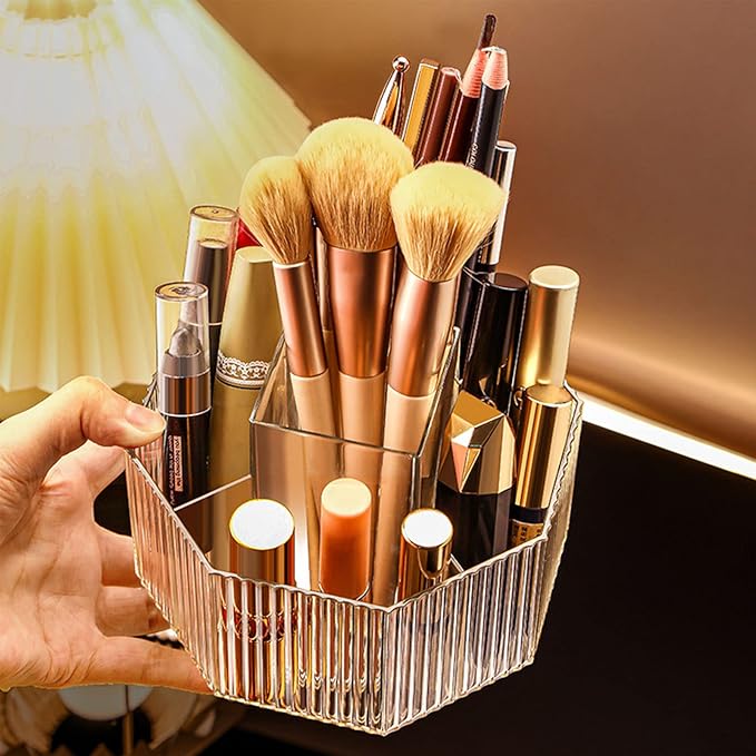 LINFIDITE 360°Rotating Makeup Brush Holder Cosmetic Display Case Clear Makeup Lip Gloss Organizer Case with 5 Slots Round Turntable Storage Tray for Vanity, Bathroom, Counter Organizer Clear Pink