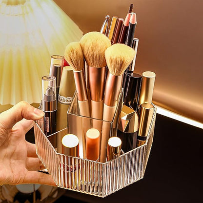LINFIDITE 360°Rotating Makeup Brush Holder Cosmetic Display Case Clear Makeup Lip Gloss Organizer Case with 5 Slots Round Turntable Storage Tray for Vanity, Bathroom, Counter Organizer Clear Pink