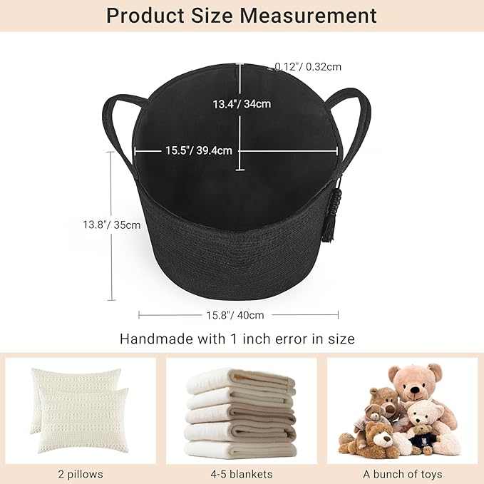 Mkono Woven Storage Basket Decorative Natural Rope Basket Wooden Bead Decoration for Blankets,Toys,Clothes,Shoes,Plant Organizer Bin with Handles Living Room Home Decor, 16" W×13.8" L, Black