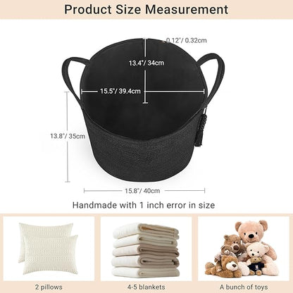 Mkono Woven Storage Basket Decorative Natural Rope Basket Wooden Bead Decoration for Blankets,Toys,Clothes,Shoes,Plant Organizer Bin with Handles Living Room Home Decor, 16" W×13.8" L, Black