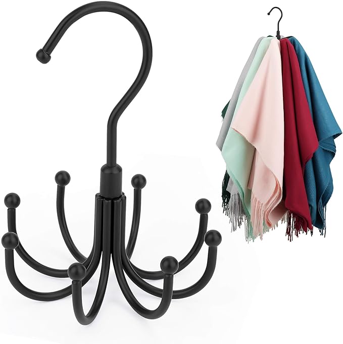 ZEDODIER Scarf Organizer Scarf Hanger for Closet, Rotatable Sturdy Hijab Holder Holds 8 Scarves, Metal Space Saving Closet Organizers and Storage, Black