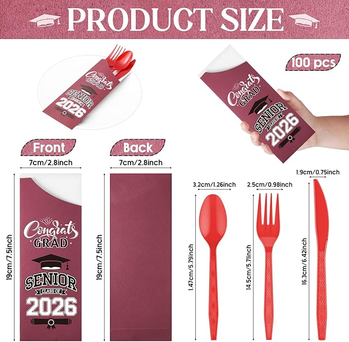 Funnymoom 400 Pcs 2026 Graduation Wrapped Silverware Bags Holder - Disposable Dinnerware Set Includes Plastic Spoons Knives and Forks, Class of 2026 Parties School Congrats Supplies(Burgundy)