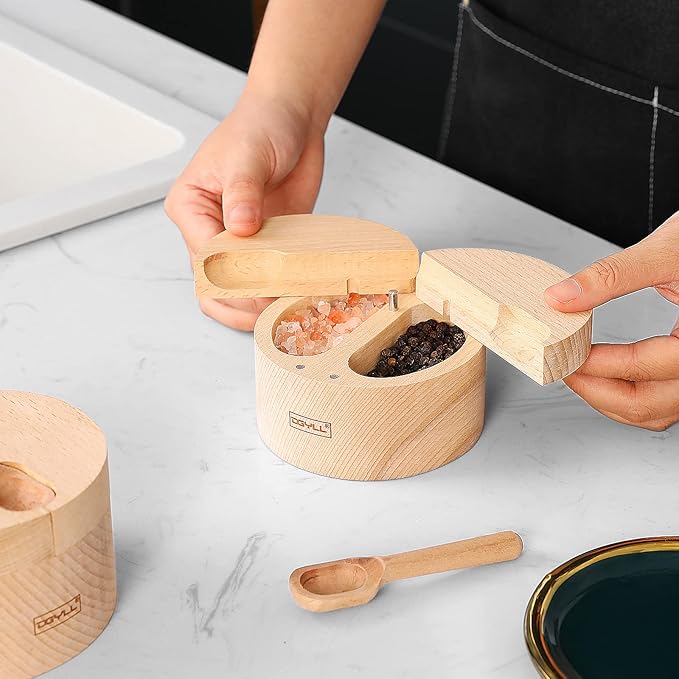 Wooden Divided Salt Cellar With Lid And Spoon,Salt Box With 2 Compartment,Salt container with Magnetic Swivel lid, Beech Wood