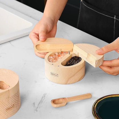 Wooden Divided Salt Cellar With Lid And Spoon,Salt Box With 2 Compartment,Salt container with Magnetic Swivel lid, Beech Wood
