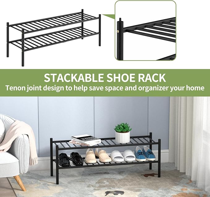 ROMGUAR CRAFT 2-Tier Bamboo Long Shoe Rack, Free Standing Wood Shoe Shelf Storage Organizer for Closet Entryway Stackable 35"x11"x13" (Black)