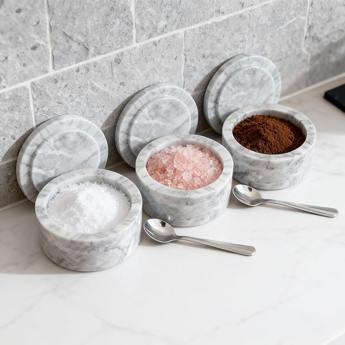 Marble Salt Shaker,Salt Cellar with Lid and Spoon,Pepper Shakers, Sugar Shakers, Suitable for Salt and Pepper,Vanilla Powder, Coffee Beans, kitchen counter decor,Cloudy White（NS047）