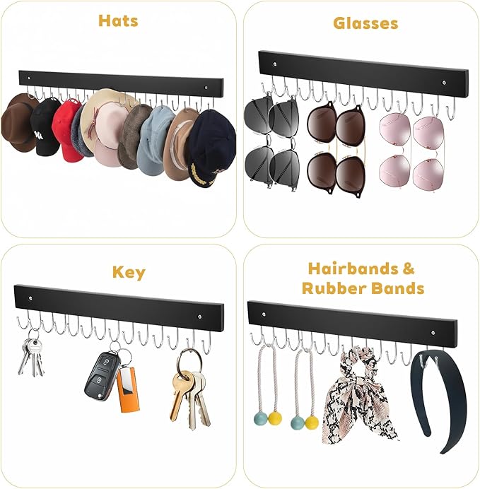 4 Pack Necklace Holder Wall Mount, Tangle-Free Wall Necklace Organizer with 14 Hooks, Wooden Jewelry Hanger, for Chains, Bracelets, Earrings, Black