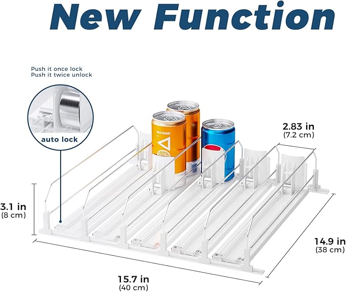 Puricon Fridge Drink Organizer - Spring Loaded, Self Pushing Soda Can & Beer Bottle Organizer - 5 Rows, White
