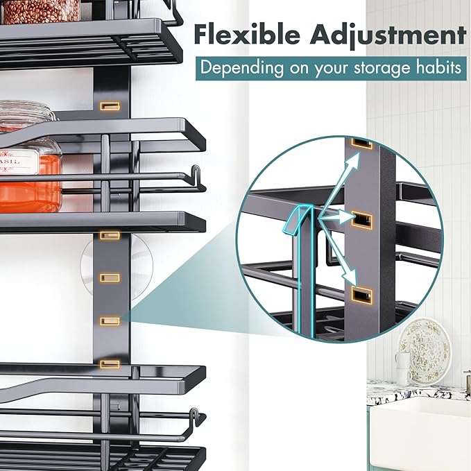 Eastherry Over The Door Pantry Organizer，9-Tier Over The Door Organizer with Adjustable Basket，Metal Hanging Pantry Organizers and Storage for Kitchen, Back of Door Seasoning Rack (Black)