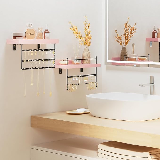 Lolalet Hanging Jewelry Organizer Wall Mount with Earrings Bracelets Necklaces Hooks, Easy Install Free Combination Holder for Wall Bathroom - Set of 2, Pink