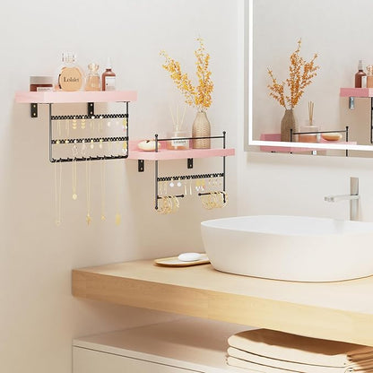Lolalet Hanging Jewelry Organizer Wall Mount with Earrings Bracelets Necklaces Hooks, Easy Install Free Combination Holder for Wall Bathroom - Set of 2, Pink