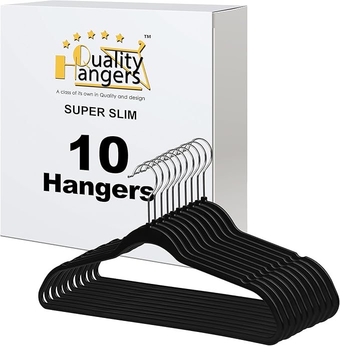 Quality Hangers 10 Pack Slim Plastic Hangers for Clothes - 16.5" Won't Crease Your Clothes, Heavy Duty Non-Velvet Black Hangers, 360° Swivel Chrome Hook Dresses Coats Shirts (10, Black)