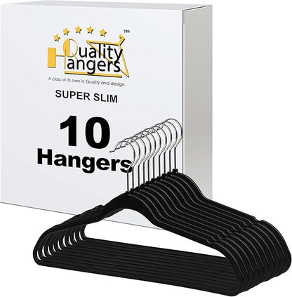 Quality Hangers 10 Pack Slim Plastic Hangers for Clothes - 16.5" Won't Crease Your Clothes, Heavy Duty Non-Velvet Black Hangers, 360° Swivel Chrome Hook Dresses Coats Shirts (10, Black)