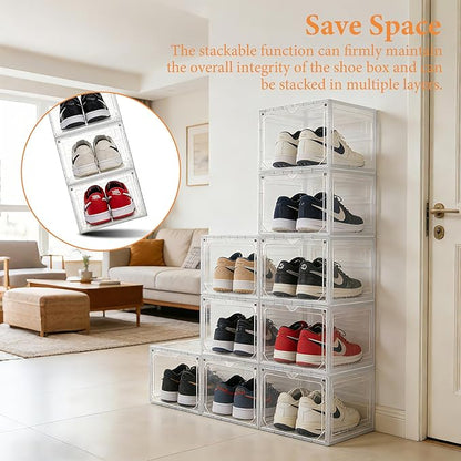 Stackable Storage Shoe Box with Magnetic Side Opening Door, Thick and Sturdy Transparent Plastic, Suitable for Floor Standing Shoe Racks and Storage in Wardrobes - 6Pcs