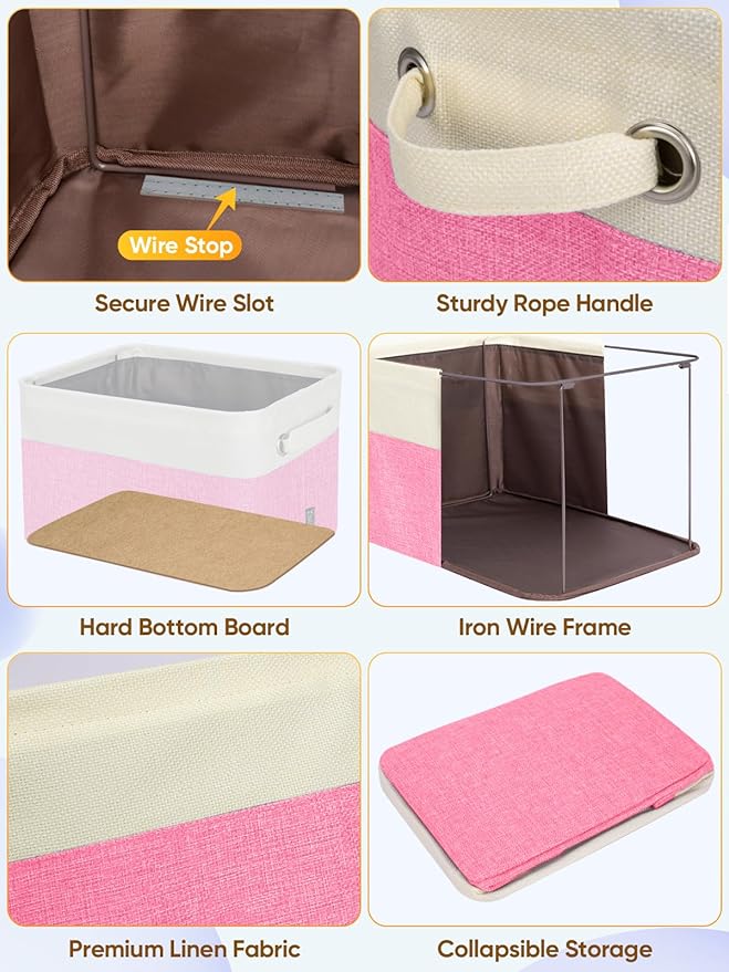 BALEINE 3 Pack Fabric Closet Storage Bins for Shelves, Linen Closet Organizers and Storage, Decorative Baskets for Organizing, Shelf, Clothes, Home, Office (Pink, 15''x11''x9.5'')