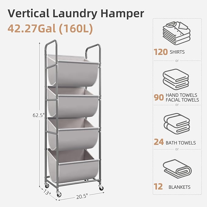 STORAGE MANIAC Vertical Rolling Laundry Hamper, 4 Section Laundry Sorter with Wheels and 2 Breaks, 4-tier Laundry Baskets for Small Space, Dorm, Laundry Room, Closet, Bathroom, Gray 4-tier
