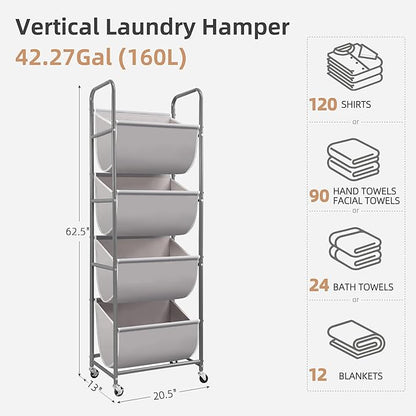 STORAGE MANIAC Vertical Rolling Laundry Hamper, 4 Section Laundry Sorter with Wheels and 2 Breaks, 4-tier Laundry Baskets for Small Space, Dorm, Laundry Room, Closet, Bathroom, Gray 4-tier