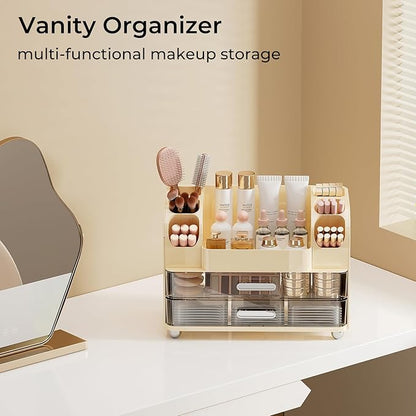 Makeup Organizer for Vanity with 2 Large Drawers, Cosmetic Display Case with Brush Holders, Easy to Storage for Bathroom Countertop Skincare, Perfume, Cream White