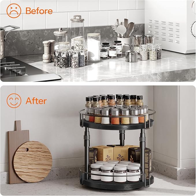 HOOBRO Lazy Susan Organizer Spice Rack, 2-Tier Height Adjustable Rotating Lazy Turntable Spice Organizer, for Kitchen Countertop and Cabinet, Black BB05TL01