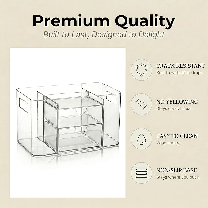 Hair Accessories Organizer for Girls & Women, 2-Drawer Clear Plastic Hair Brush Holder with 3 Compartments, Vanity Countertop Makeup Organizer for Hair Ties, Clips & Bobby Pins