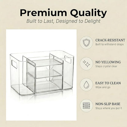 Hair Accessories Organizer for Girls & Women, 2-Drawer Clear Plastic Hair Brush Holder with 3 Compartments, Vanity Countertop Makeup Organizer for Hair Ties, Clips & Bobby Pins