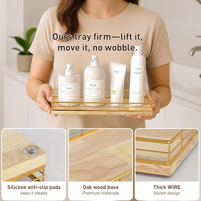 Toilet Paper Basket Organizer – Oak Wood Toilet Tank Tray with Metal Frame, Bathroom Counter Top Storage for Toilet Paper, Wipes & Decor, Modern Narrow Back of Tank Shelf Organizer, Gold & Nature Oak