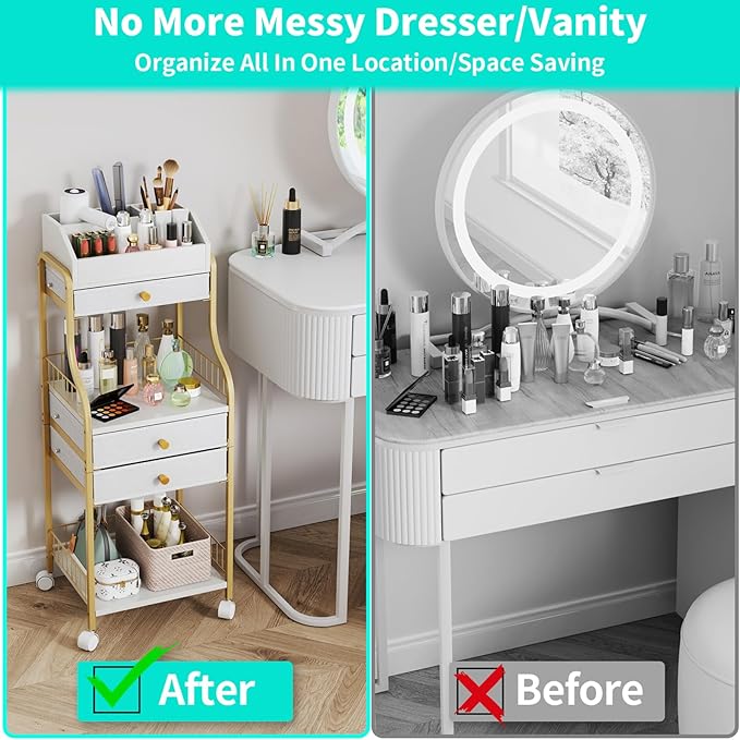 HapiRm Floor Makeup Organizer Storage - Vanity Skincare Make Up Organizers and Storage with Drawers, Cosmetics Display Cases Holder for Skin Care Nail Polish Perfume Makeup Brush, Gold