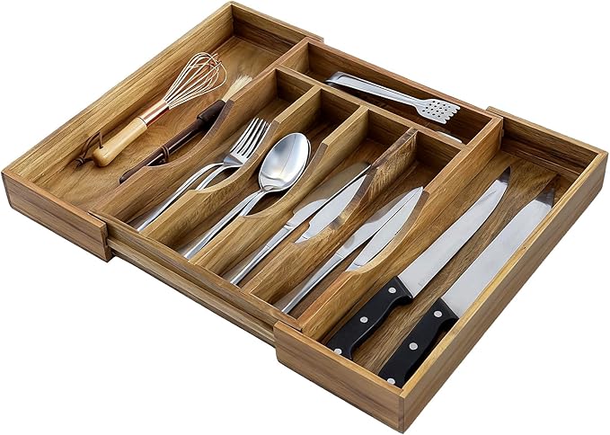 MyGift Expandable Premium Acacia Wood Kitchen Drawer Organizer – Adjustable Flatware, Silverware, Cutlery and Utensil Storage Tray for Kitchen Drawers