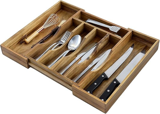 MyGift Expandable Premium Acacia Wood Kitchen Drawer Organizer – Adjustable Flatware, Silverware, Cutlery and Utensil Storage Tray for Kitchen Drawers