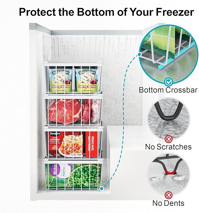iSPECLE Freezer Organizer Bins - 4 Pack Stackable Chest Freezer Organizer for 5 Cu Ft Deep Freezer Sort Frozen Food, Deep Freezer Organizer Bins Easy to Get Food from Bottom without Digging, White