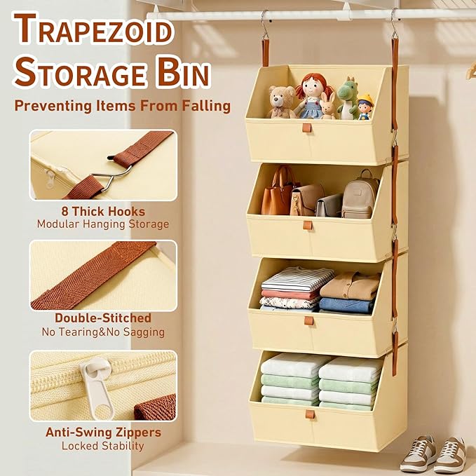 Hanging Closet Organizer 4 Tier 2 Pack with 8 Detachable Bins, Clothes Hanging Shelves, Space-Saving Collapsible Closet Storage System for Bedroom, Dorm, RV, Beige