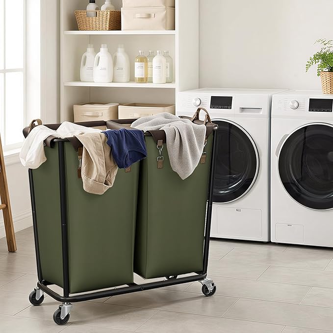 StorageWorks 330L Extra Large Laundry Hamper with Wheels, 2 Sections Laundry Basket with Wheels, Clothes Sorter Cart with Divider for Hotel, Home, Green, 1-Pack