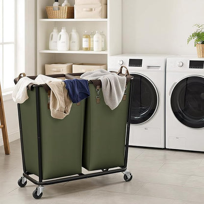 StorageWorks 330L Extra Large Laundry Hamper with Wheels, 2 Sections Laundry Basket with Wheels, Clothes Sorter Cart with Divider for Hotel, Home, Green, 1-Pack