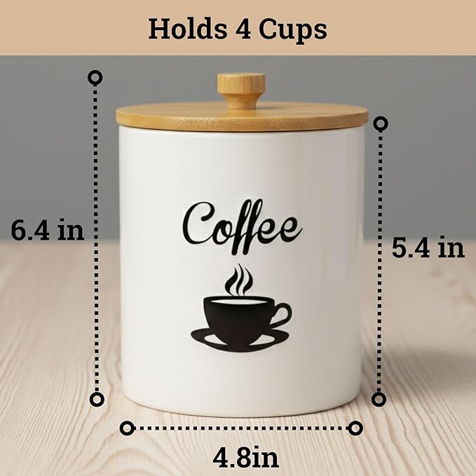 Ceramic Coffee Canister - 12 oz White Airtight Canister - 5 x 6 inch Coffee Bean Storage Container - Stylish Countertop Container for Grounds, Beans, Pods & More with Rubber-Lined Bamboo Lid