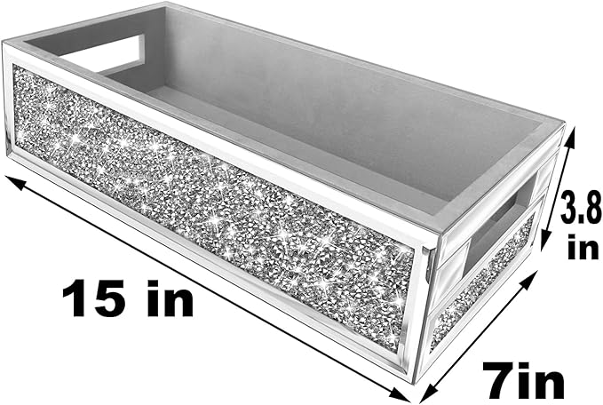 Wocred Bathroom Basket Toilet Tank,Crushed Diamond Mirrored Bathroom Tray Wall-Mounted,Silver Storage Organizer fits Dresser Bedroom,Bathroom,Coffee Table.(15”x7”x3.8”)