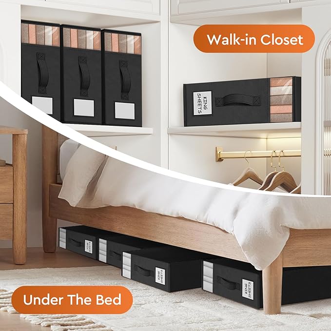 StorageTastic 6 Pack Bed Sheet Closet Organizers and Storage,Sturdy Foldable Storage Containers with Window and Label,Storage and Organization for Bedding Sheets,Duvet Covers,Blankets (Black)