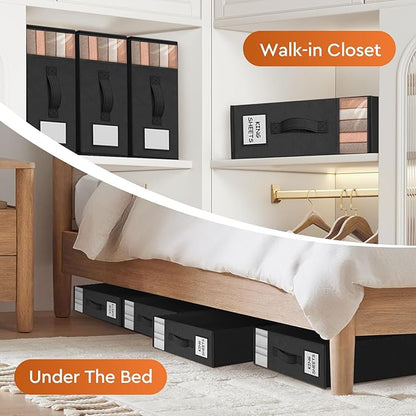 StorageTastic 4 Pack Bed Sheet Closet Organizers and Storage,Sturdy Foldable Storage Containers with Window and Label,Storage and Organization for Bedding Sheets,Duvet Covers,Blankets (Black)