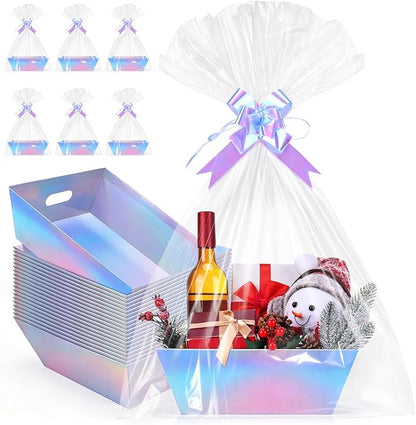 AFOROEOA 20PACK Laser Baskets For Gifts Empty, 12x10x4” Holographic Iridescent Gift Basket Kit with 20 Bows & 20 Bags - Bulk Empty Gift Baskets to Fill for Large Weddings, Parties
