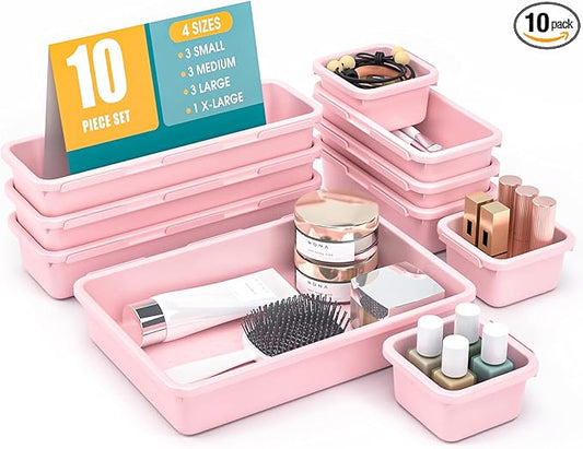 10 PCS Drawer Organizer Set, 4 Size Makeup Drawer Divider Organizer With Non-Slip Pads, Interlocking Plastic Storage Bins for Office,Jewelry Vanity,Gadgets, Bathroom,Kitchen, Pink